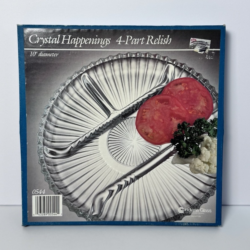 NOS Indiana Glass Crystal Happenings 10"‎ 4 Part Relish Dish